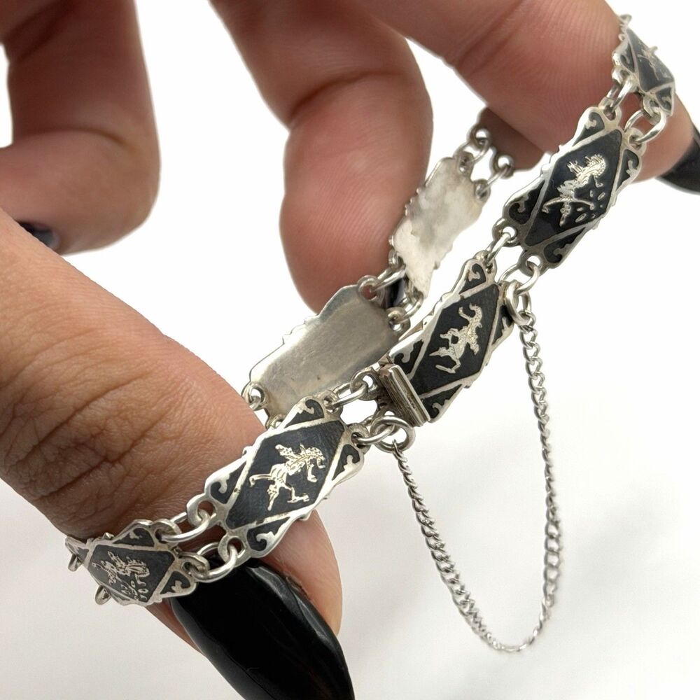 925 Siam Sterling Silver Black Enamel Panel Bracelet 7” w/ Safety Chain